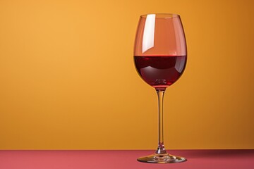 Red wine in a glass on a minimalistic yellow background. Wine glasses. A romantic drink for a party, liquor store or wine tasting. Hard light. Copy space