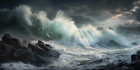 huge storm waves in the sea on the rocky coast, cloudy sky, banner, poster - obrazy, fototapety, plakaty