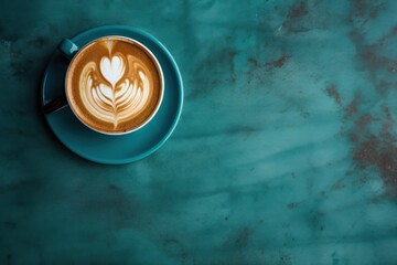  a cup of cappuccino on a saucer on a green marble table with a leaf design in the foam.