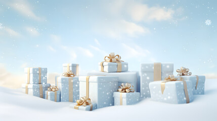 Christmas gift boxes in snow. Generative AI.