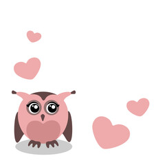 Valentine's card with cute owl with hearts on simple white background for Mother's Day