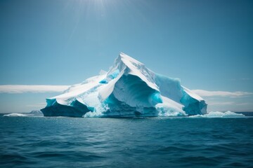 A beautiful ice iceberg on a blue ocean against a blue sky background.