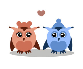 Illustration vector with two cute owls girl and boy with heart on simple light background for post