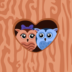 Fototapeta premium Illustration with pair of owls in heart-shaped hollow tree structure design element love