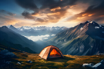 tourist tent camping in mountains. Generative AI.