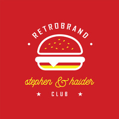 Burger retro cartoon fast food stickers. Comic character, slogan, quotes and other elements for burger bar, cafe, restaurant. 