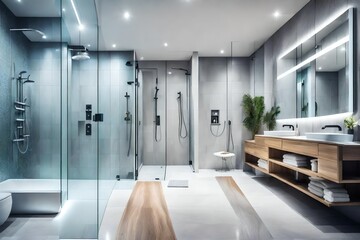 interior of modern bathroom with shower cabin.
