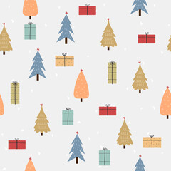 Hand Drawn Christmas Trees and Gift boxes Pattern