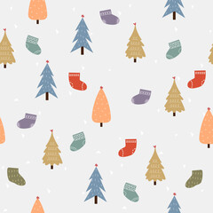 Hand Drawn Christmas Trees,Gift boxes and Socks Cute Pattern