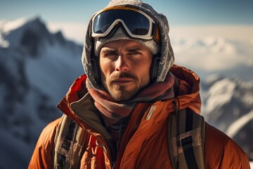  a man in an orange jacket and goggles standing in front of a mountain with snow capped mountains in the background. - Powered by Adobe