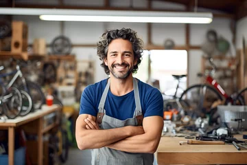 Foto op Canvas Happy, portrait and repair man in bicycle shop with arms crossed in small business workshop isolated on white background. Generative AI. © anu