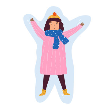 Vector illustration of a young girl lying on a snow and making snow angel