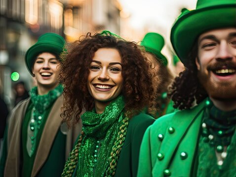 Image of a group of friends in green Saint Patrick's Day outfits, with a defocused background of a lively street parade