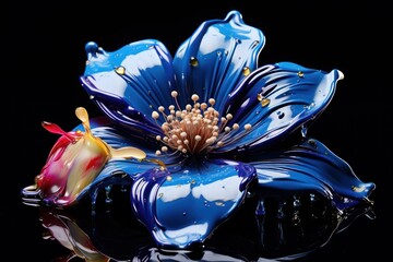  a close up of a blue flower on a black surface with a reflection of the flower on the water surface.