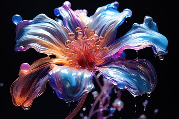  a close up of a flower with drops of water on the petals and in the middle of the petals, on a black background.