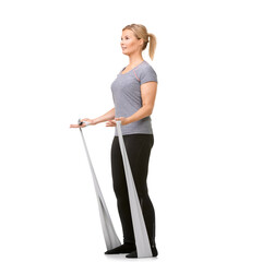 Sports, resistance band and woman doing exercise in studio for health, wellness and bodycare. Fitness, full length and young female person from Canada with arm workout or training by white background