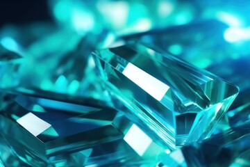 a close up view of a group of blue diamond like objects on a black background with a blurry effect to the middle part of the image.