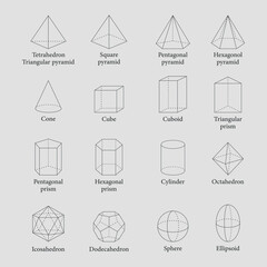 3D geometric shapes seamless pattern. Triangular, pentagonal and hexagonal prism and pyramid. Cone, cube, cuboid, cylinder, octahedron, icosahedron, dodecahedron, sphere and ellipsoid. Vector.