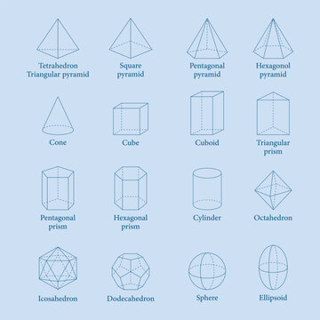 3D geometric shapes seamless pattern. Triangular, pentagonal and hexagonal prism and pyramid. Cone, cube, cuboid, cylinder, octahedron, icosahedron, dodecahedron, sphere and ellipsoid. Vector.