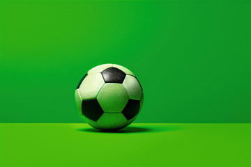  a black and white soccer ball on a green background with room for copy - up and a place for your own text.