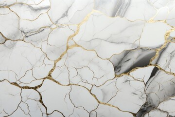  a close up of a white marble surface with gold veining and a black and white clock on the left side of the image.