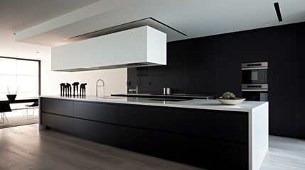 A sleek minimalist kitchen with black and white color scheme and built-in appliances