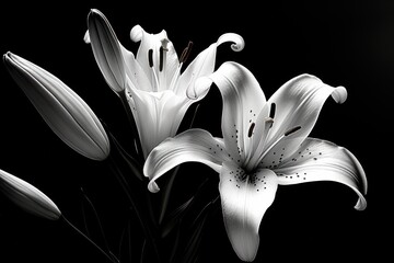  a black and white photo of three white lily's on a black background, with one flower in the foreground and the other flower in the foreground.