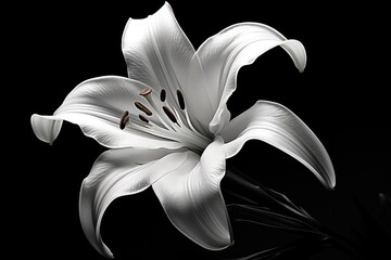 a close up of a white flower on a black background with a reflection of the flower in the center of the picture.