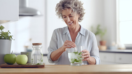 Mature woman pouring detox water in glass at home isolated on white background. Generative AI. - obrazy, fototapety, plakaty