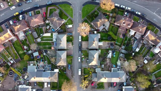 Residential Area In Birmingham Seen From Above. Street Intersection. Aerial Top View.