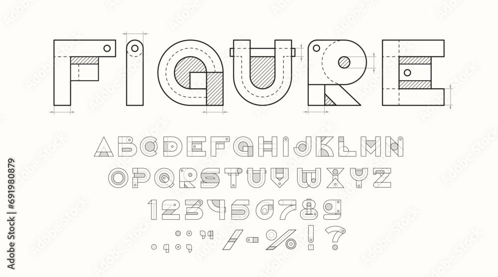 Fototapete technical font, architect type or construction typeface english alphabet, vector blueprint typograph