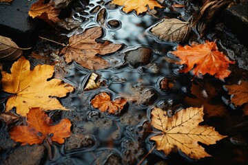  a group of leaves floating on top of a body of water with drops of water on top of the leaves.