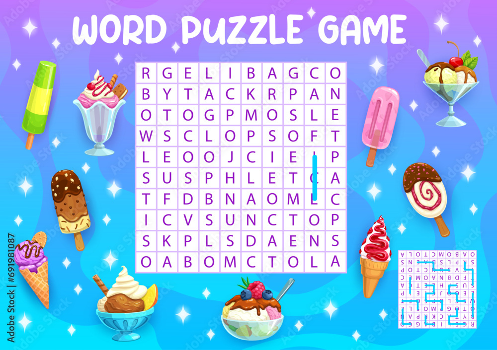 Poster word search puzzle game with cartoon ice cream stick and cone, vanilla and chocolate sundae, vector 