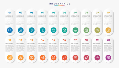 Modern business infographic template with 20 options or steps icons.