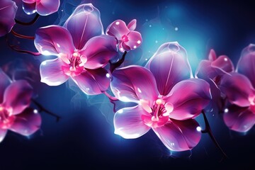  a close up of a bunch of flowers on a black background with a blue light in the middle of the picture.