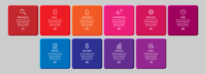 Simple infographic 10 parts or options, simple design  with colorful colors, 
icons, text and numbers, for presentations, flow diagrams and your business