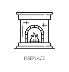 Fireplace outline icon. Isolated vector linear sign, features a warm hearth with flickering flames, offering a cozy ambiance and comfort. Line art symbol of home heating and warmth