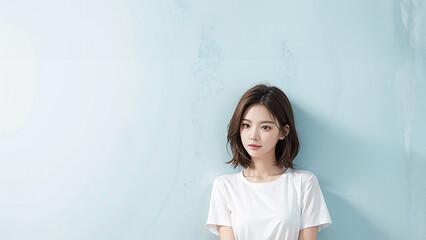 Tシャツを着た笑顔の日本人女性　青背景｜Generative AI - obrazy, fototapety, plakaty