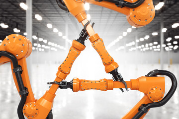 Robot arms are holding each other, as a sign of strength and teamwork. 3D rendering on industrial background.