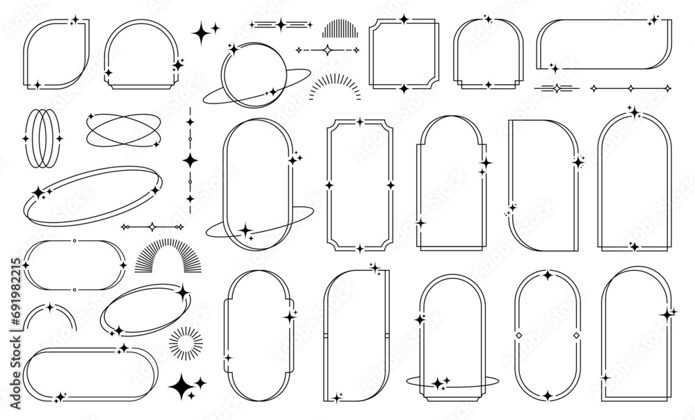 Poster frames and minimal line borders with star sparkles and twinkles or arch shapes, vector linear elemen