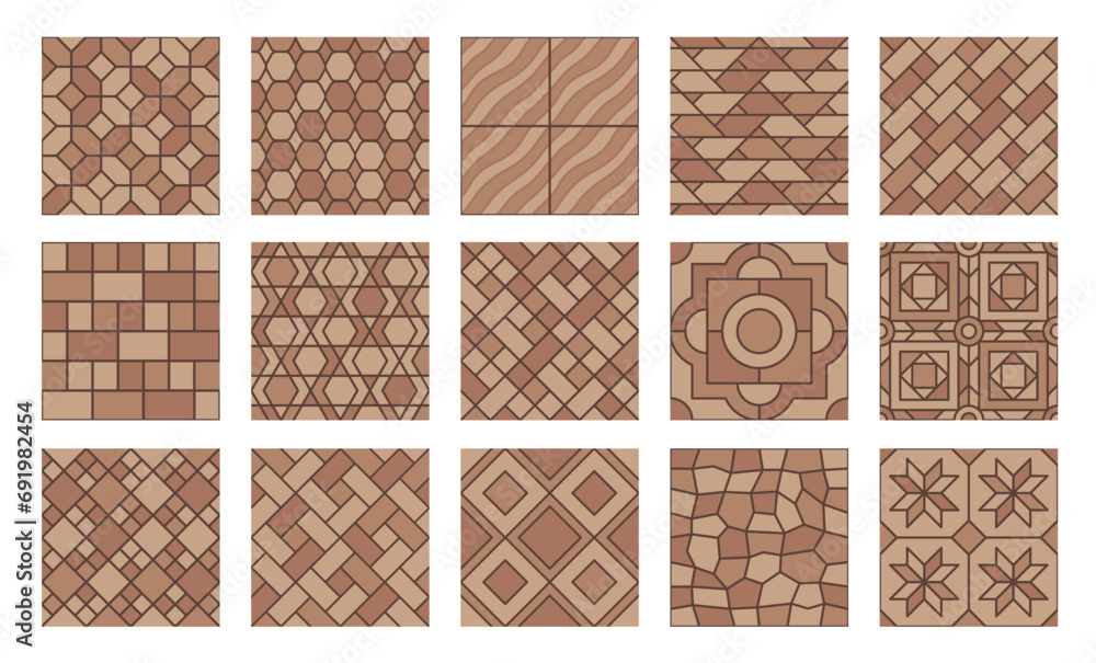 Poster brown pavement top view patterns, street cobblestone and garden sidewalk tiles, seamless vector. sto