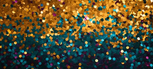 Happy carnival party celebration template texture greeting card background  - Abstract closeup of colorful fallen confetti and gold turquoise glitter particles, top view