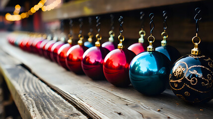 row of colorful Christmas baubles lined up on a wooden surface, with soft, glowing lights in the...