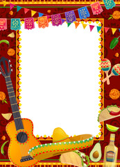 Mexican holiday frame with sombrero, guitar and maracas, vector background. Mexican fiesta of Cinco de Mayo border frame with papel picado flags, tequila, taco and chili jalapeno peppers and flowers