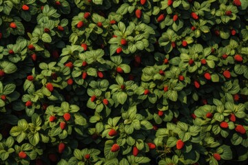  a close up of a bunch of red berries growing on a plant with green leaves and red berries on the top of the leaves.