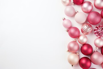  a group of pink and white ornaments on a white surface with a pink heart in the middle of the picture.