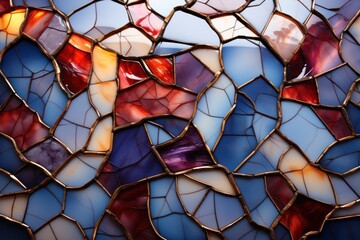  a close up of a stained glass window with a blue sky in the background and red, yellow, purple, and blue colors.