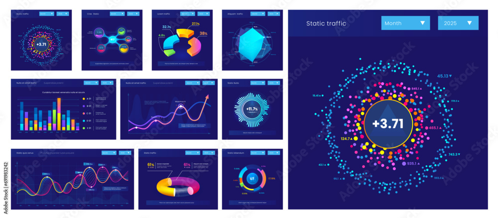 Aufkleber Dashboard info data charts, graphs and diagrams for infographics presentation, vector statistics bars. Finance report, business graphic charts and marketing diagrams with percent pies and flowchart