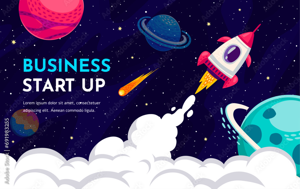 Poster business start up banner with rocket launch to starry galaxy space. vector background for startup pr