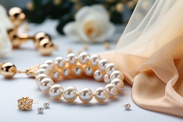  a close up of a bracelet and a pair of earrings on a white surface with flowers in the back ground.
